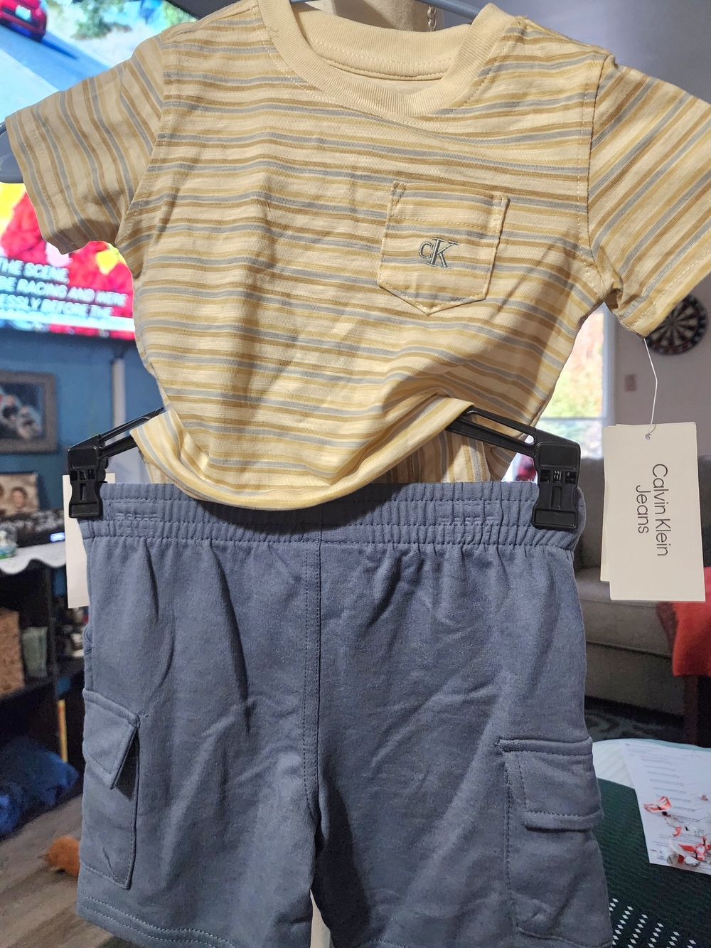 Calvin Klein Kids Cream Stripe Tee and Blue Cargo Shorts Set Sz 24M NWT